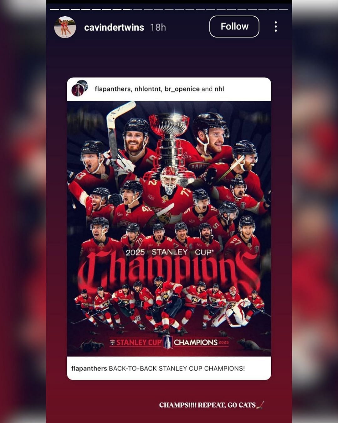 Ex-Miami stars Haley and Hanna Cavinder share 4-word reaction as the Florida Panthers win the 2025 Stanley Cup. (Image via Instagram @cavindertwins)